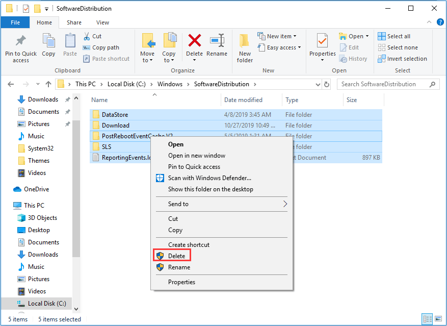 delete contents under SoftwareDistribution directory