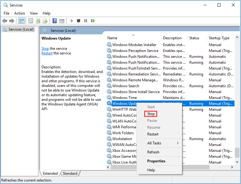 stop Windows Update service