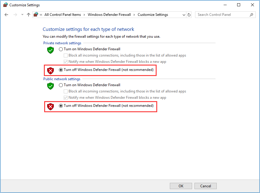 Turn off Windows Defender Firewall