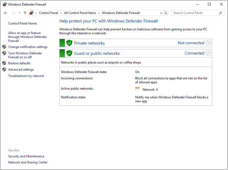 Windows Defender Firewall window